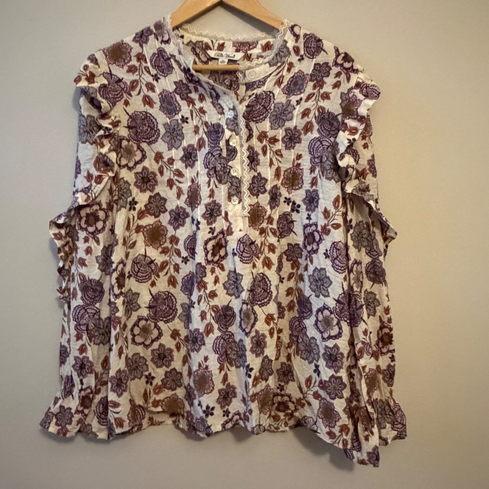 The Pioneer Woman Floral Lace Trim Ruffle Blouse Purple Rust XL TPW24S32011